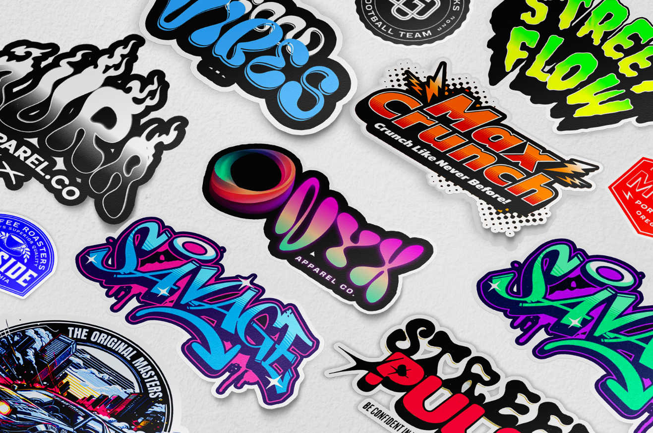 Custom kiss cut stickers and labels with vibrant full-color design on durable vinyl, easy to peel and apply.